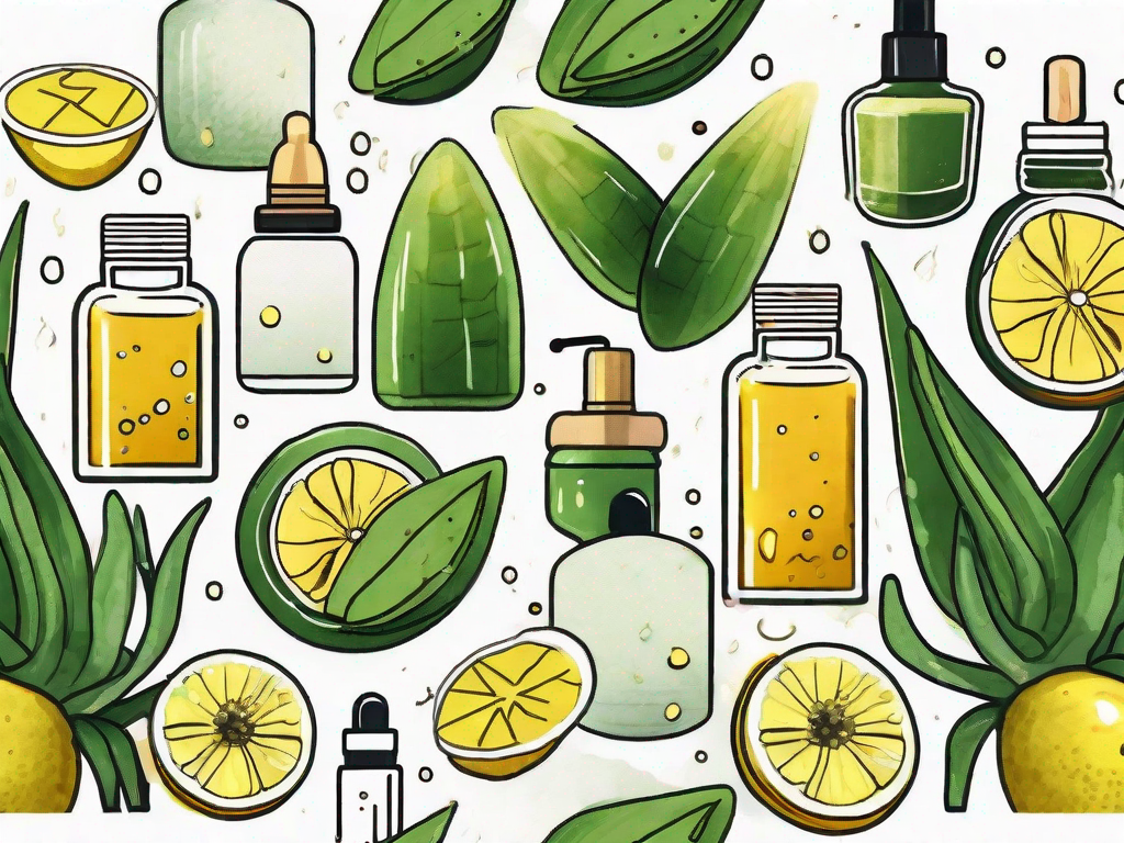 Dessin avec des fruits, des plantes et des produits cosmétiques pour lutter contre les boutons