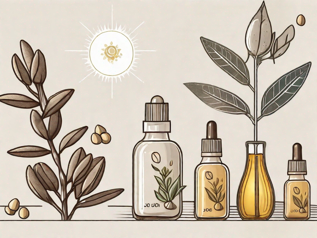 Dessin jaunâtre contenant des plantes de jojoba et 4 flacons d'huile végétale